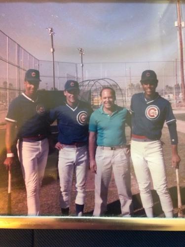 Chicago Cubs players Derrick May, Greg Smith and Alex Arias with signing scout Billy Blitzer